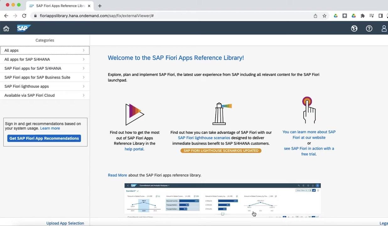 SAP Fiori Apps Reference Library welcome screen with a navigation menu on the left and informational graphics in the center