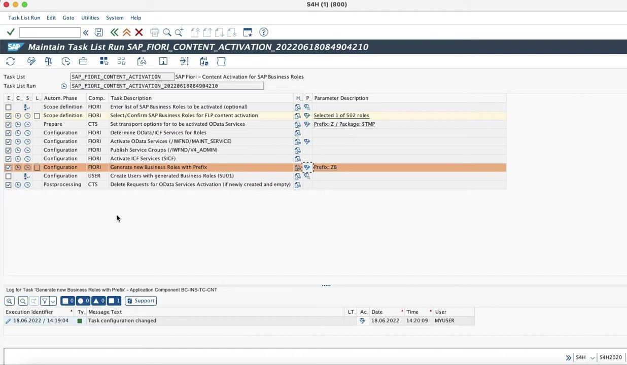 SAP GUI showing the task list with the prefix "ZB" set and the "Generate new Business Roles with Prefix" step highlighted