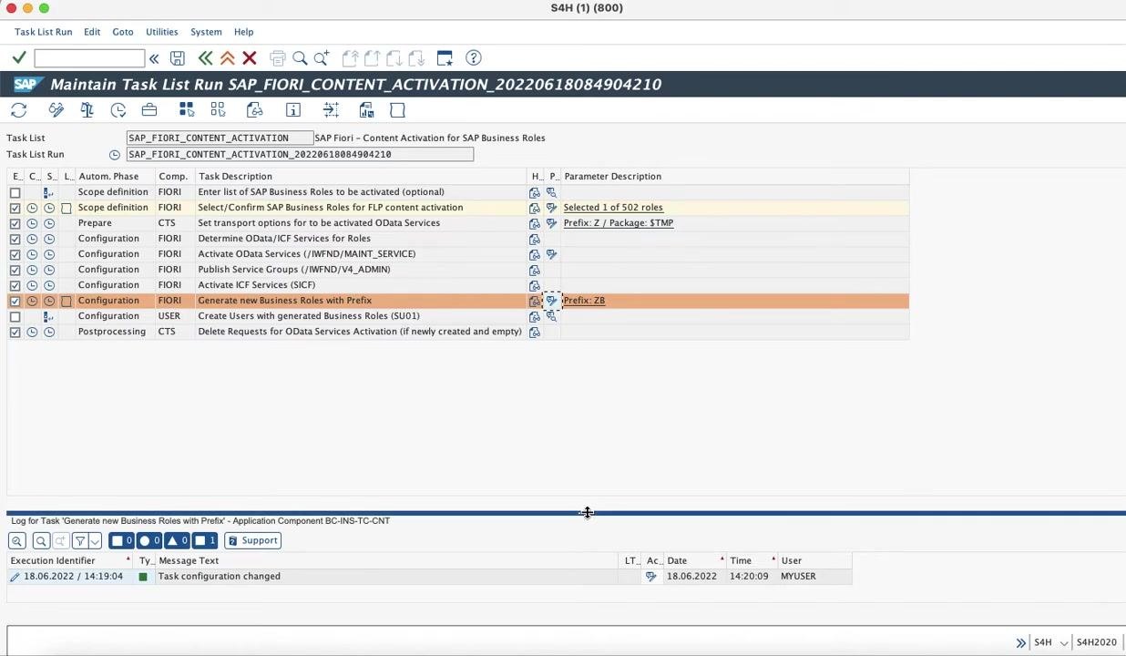 SAP GUI showing the expanded log section, with task execution progress and status messages for generating new business roles