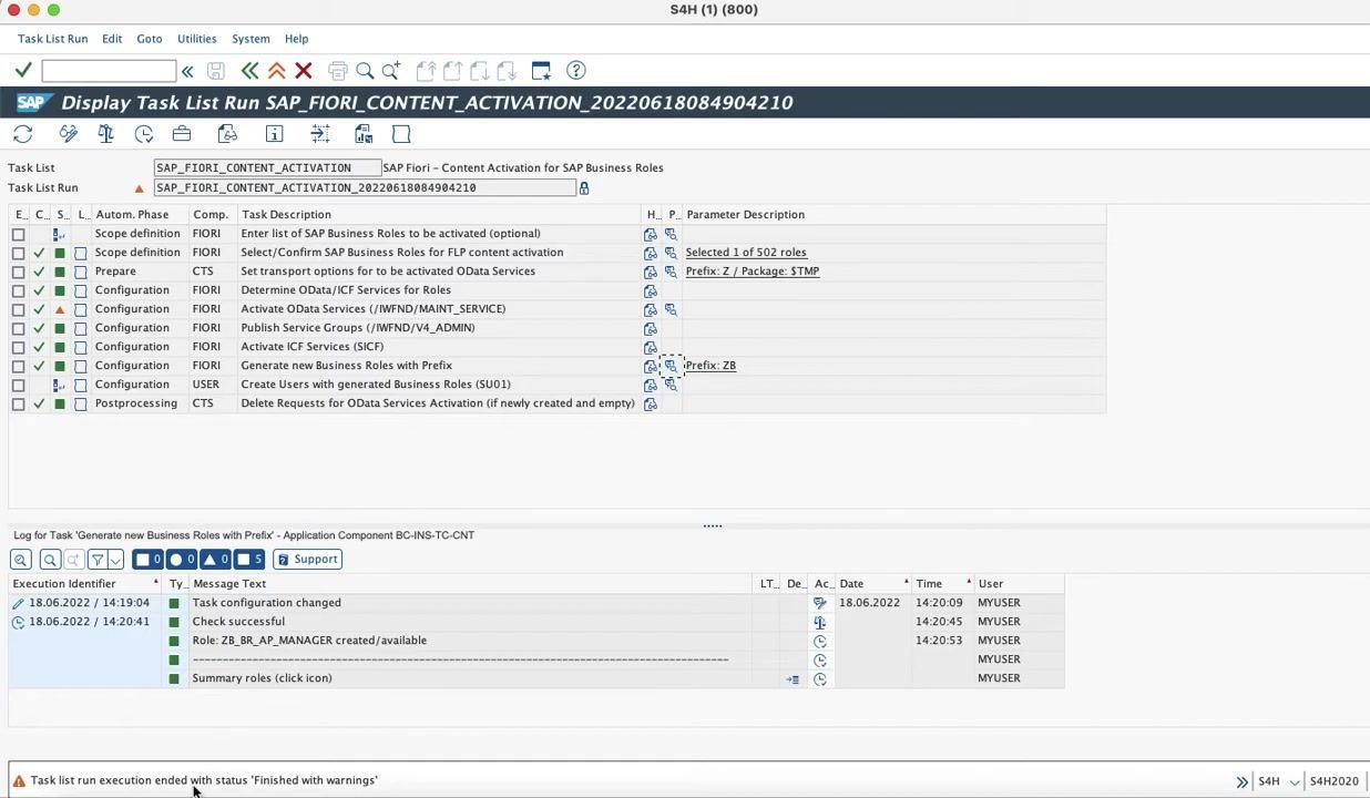 SAP Display Task List Run screen showing the successful creation of the business role ZB_BR_AP_MANAGER, with log entries confirming the role's availability and task completion