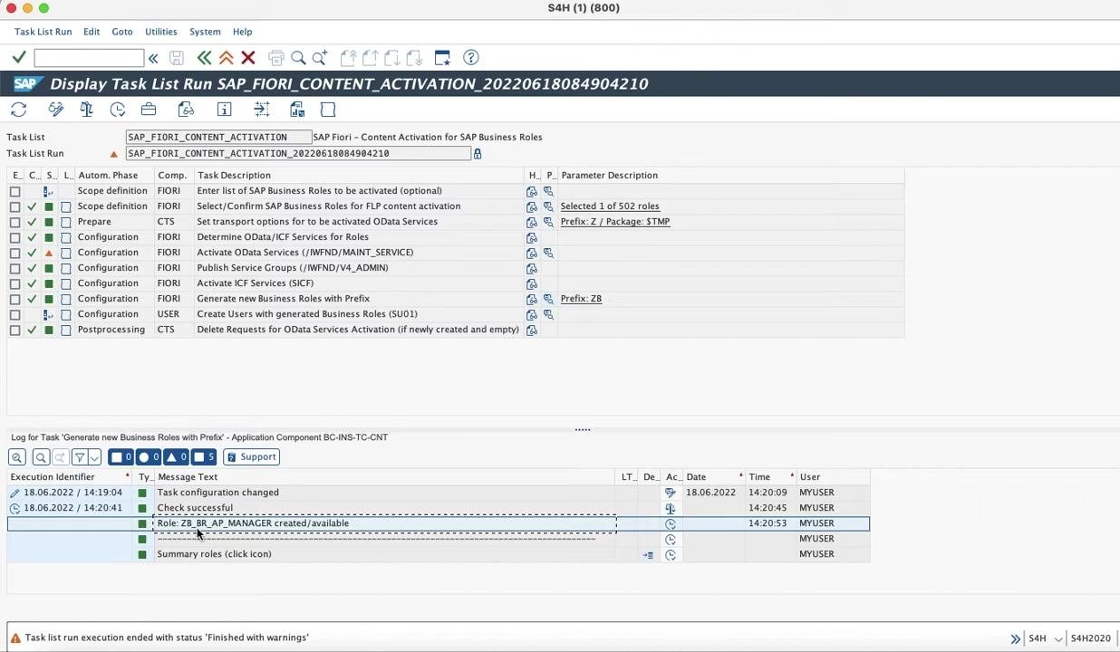 SAP Display Task List Run screen with the role ZB_BR_AP_MANAGER highlighted in the log, ready to be copied