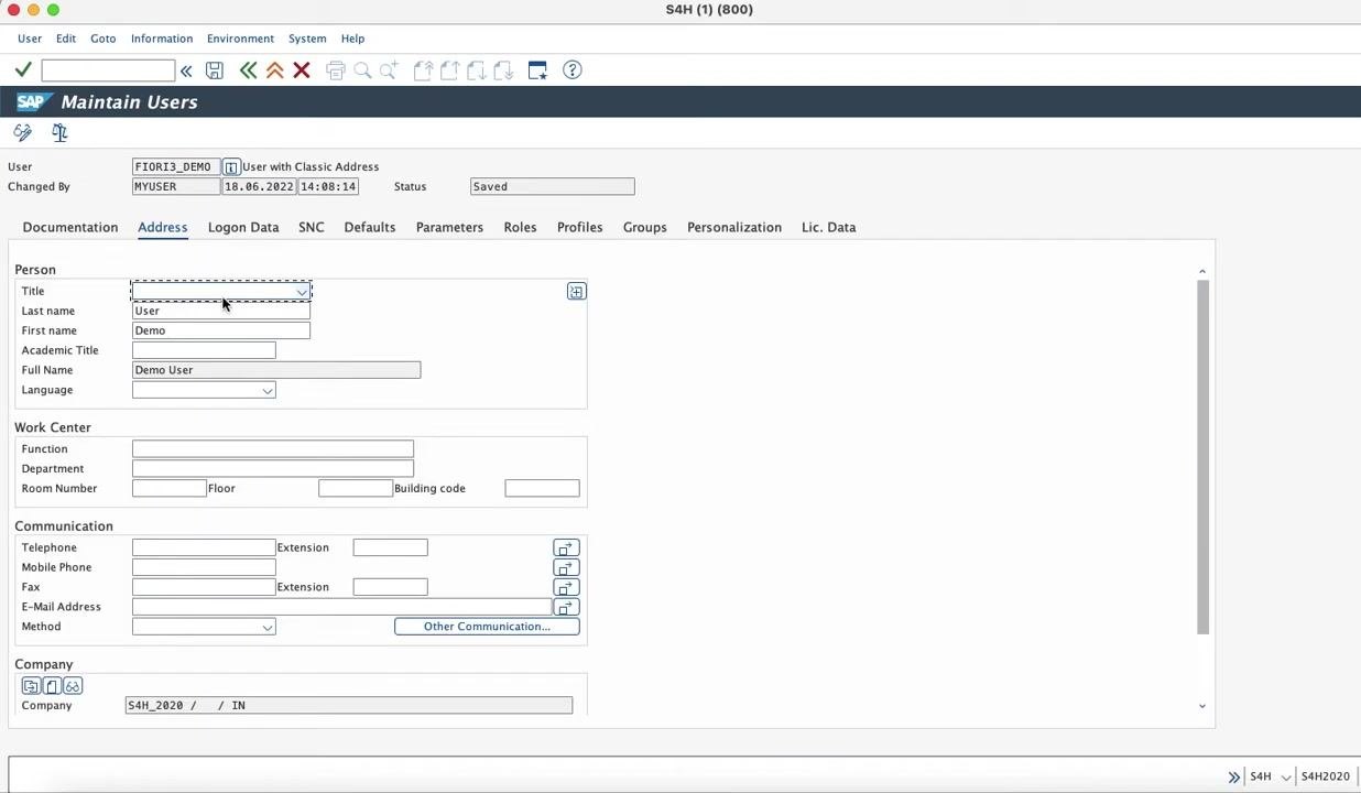 SAP Maintain Users screen showing the Address tab for user FIORI3_DEMO, with personal and company information filled in