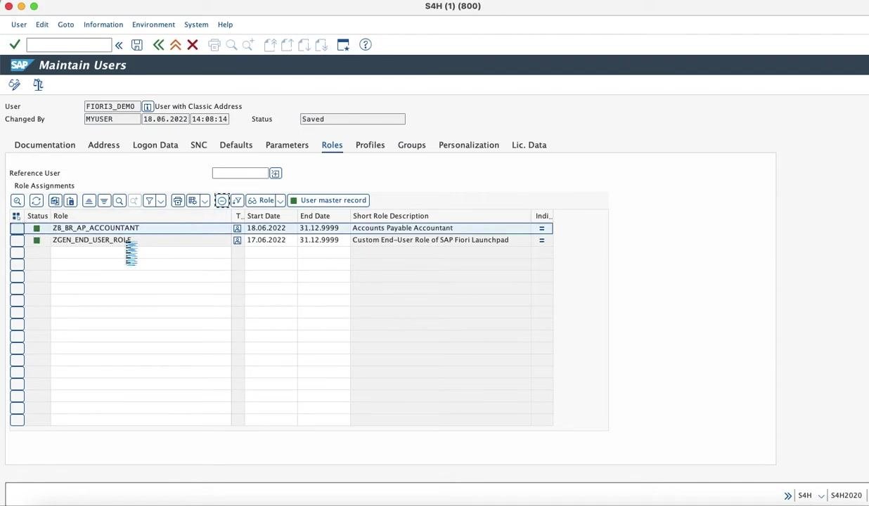SAP Maintain Users screen, Roles tab, with the cursor ready to add a new role assignment for ZB_BR_AP_MANAGER