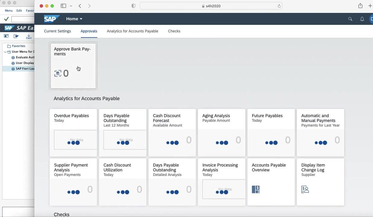 SAP Fiori Launchpad showing the Approvals tab selected, with Approve Bank Payments and analytics tiles for accounts payable visible