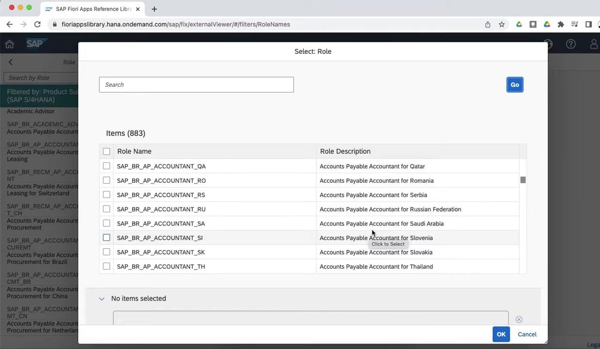 Role selection dialog listing various Accounts Payable Accountant roles, ready for selection