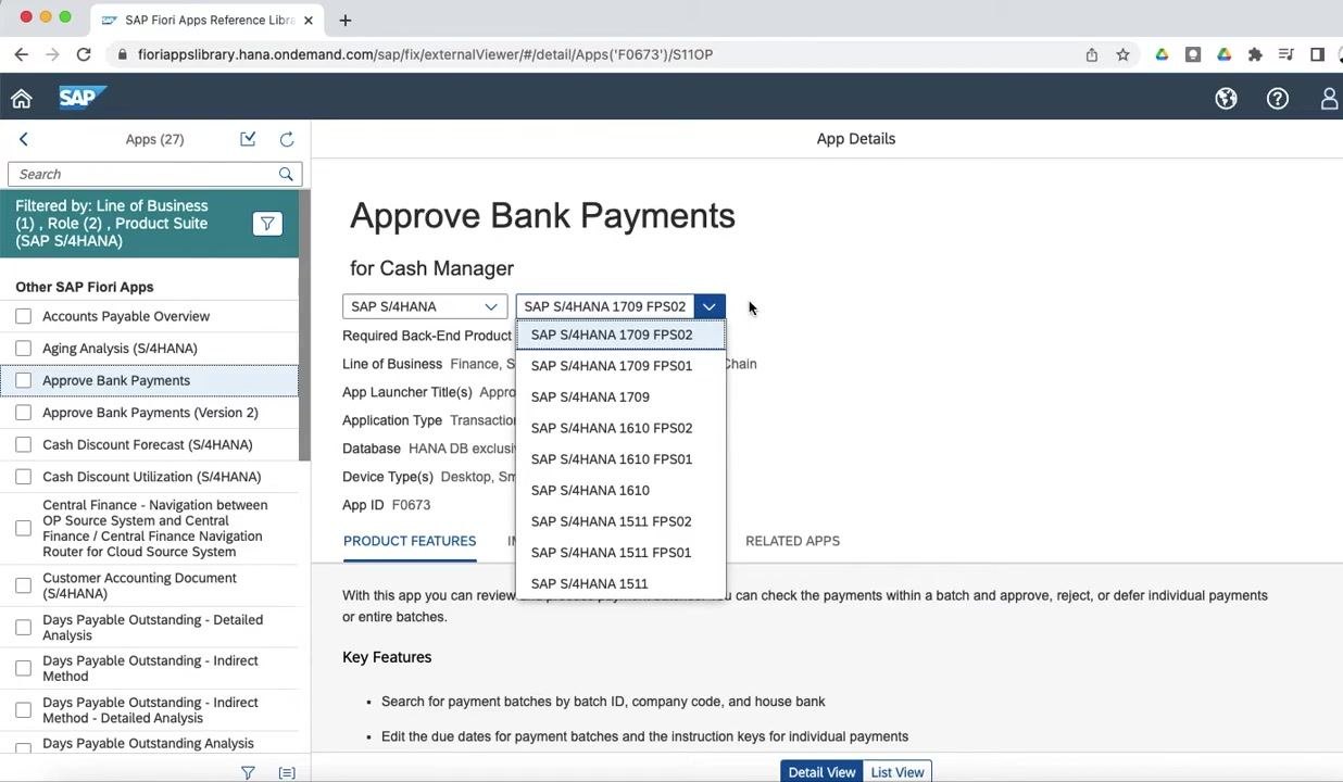 SAP Fiori Apps Reference Library showing 27 apps for Accounts Payable Manager, with a tooltip describing the role