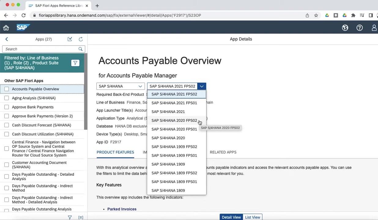 Accounts Payable Overview app details with the system version dropdown open, highlighting SAP S/4HANA 2020 FPS02