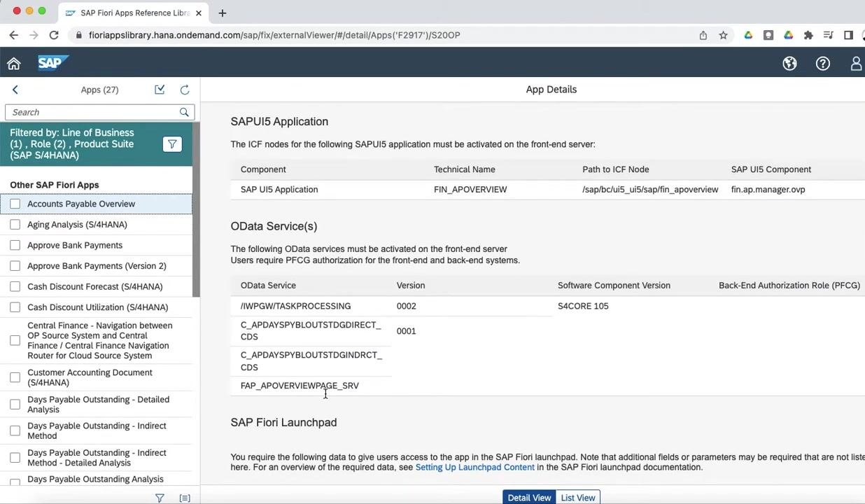 App details showing SAPUI5 Application, OData Services, and SAP Fiori Launchpad configuration