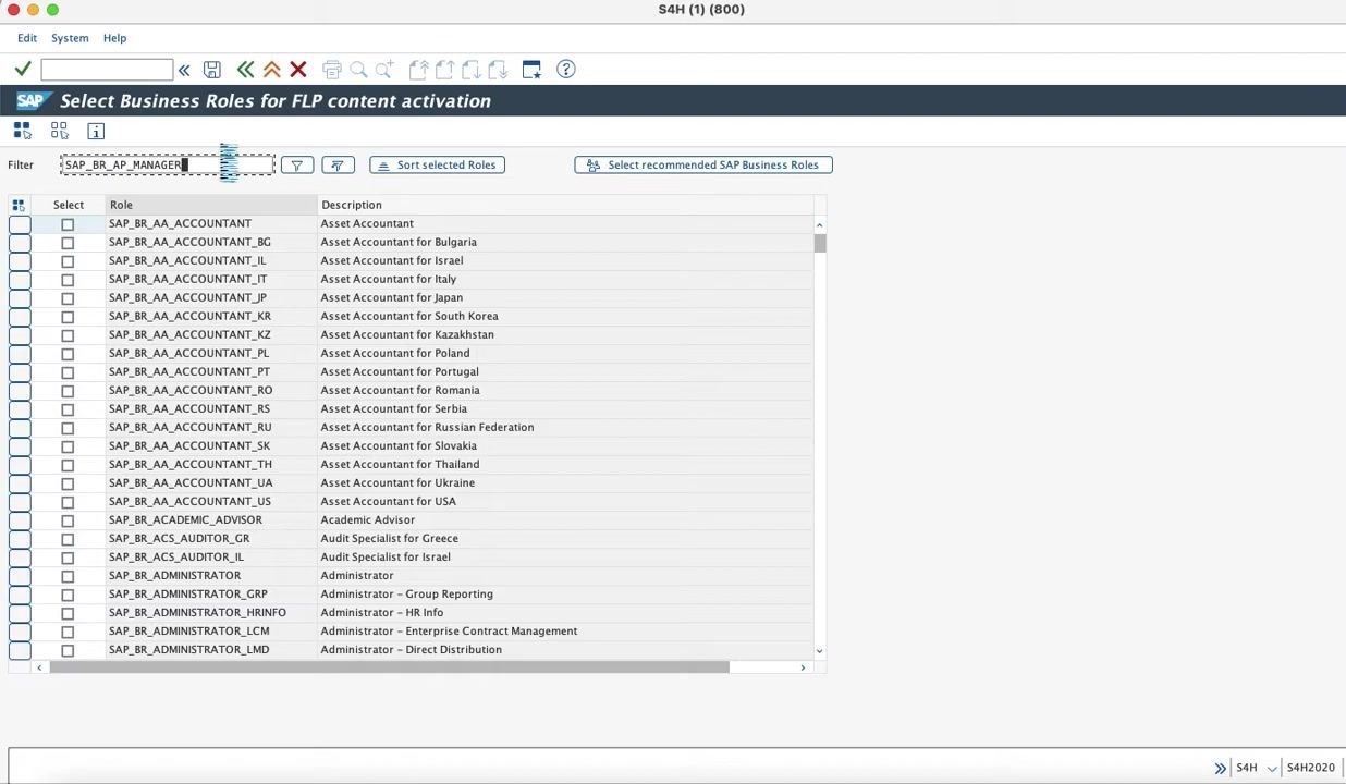 SAP GUI Maintain Task List Run screen showing all steps for SAP_FIORI_CONTENT_ACTIVATION, highlighting the step to select/confirm SAP business roles for FLP content activation