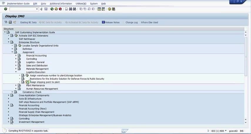 SAP Display IMG screen with "Assign shipping point to plant" selected and a processing message at the bottom.