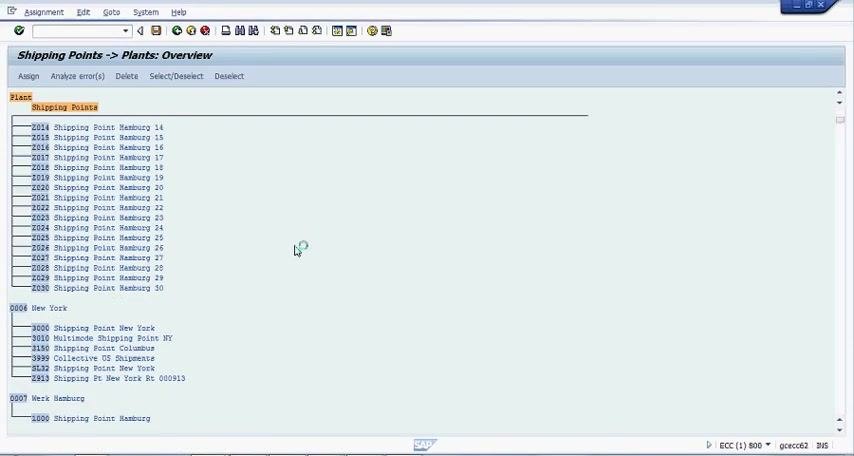 SAP dialog box for choosing a shipping point, listing multiple options such as Berlin, Dresden, and Frankfurt.