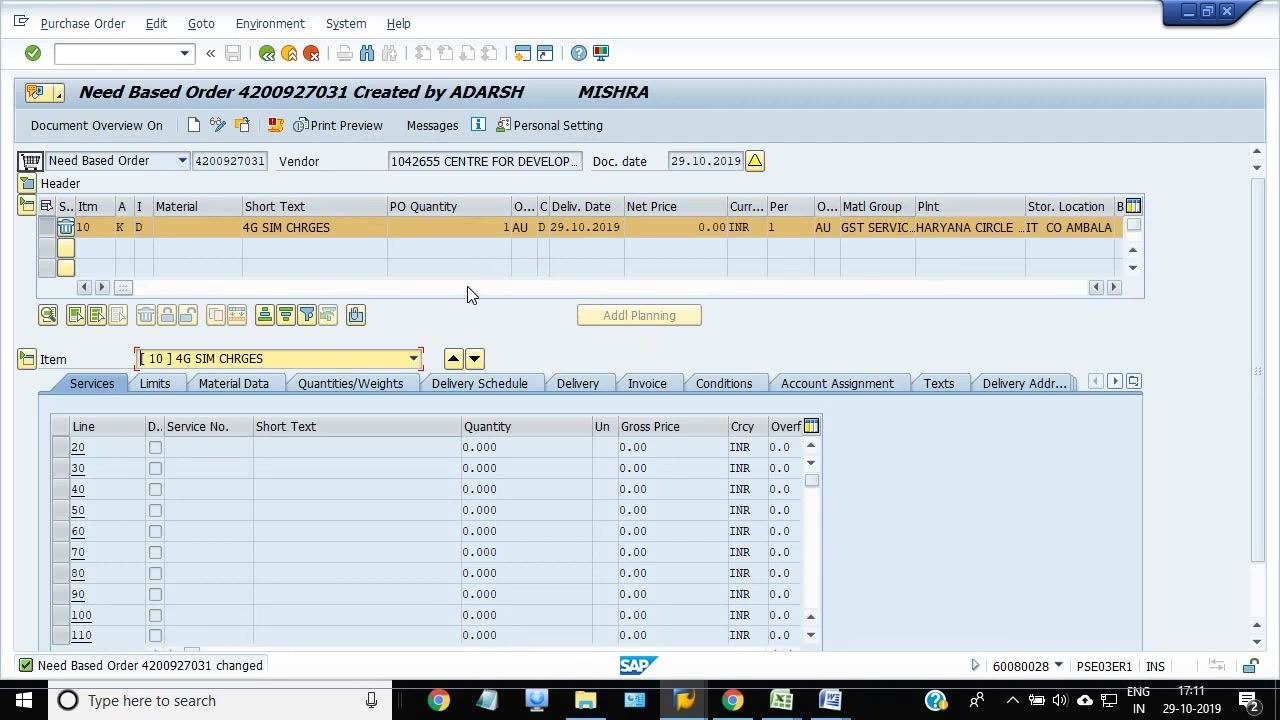 Change Purchase Order screen showing PO 4200927031, vendor details, line item 10 for 4G SIM CHRGES, and the confirmation message "Need Based Order 4200927031 changed"