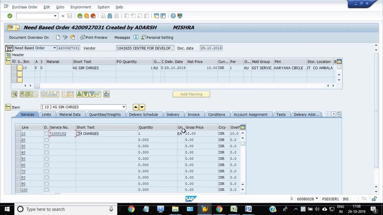 Services tab open with service line items listed and selectable