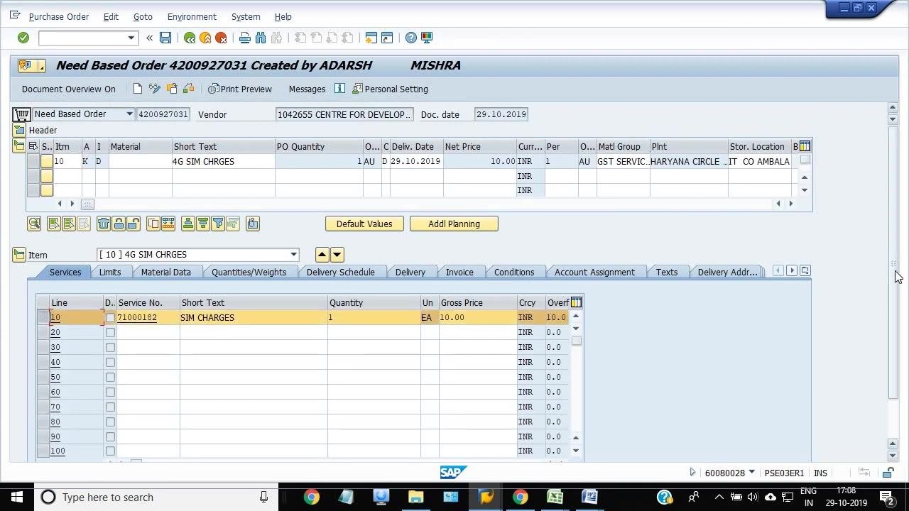 Service line item selected and highlighted for deletion