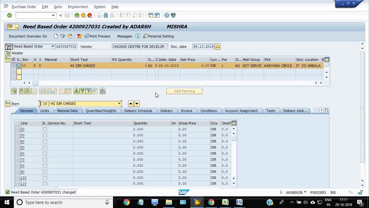 Change Purchase Order screen with the PO line item marked as deleted, services tab empty, and confirmation message "Need Based Order 4200927031 changed"