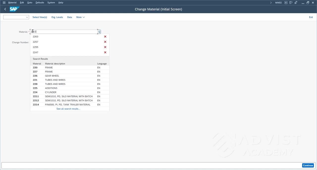 Slide listing the required changes: net weight 30 kg, gross weight 40 kg, purchasing value key 1, valuation class 3100 Trading goods, and standard price 499 Euro