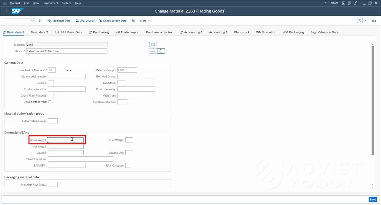SAP Change Material screen showing the gross weight, net weight, and related general data fields