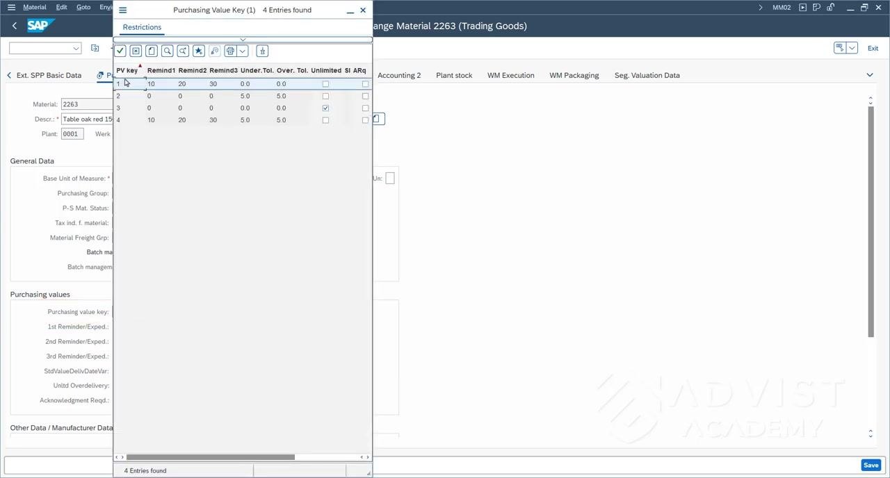 SAP Purchasing view with the purchasing value key selection popup showing Value Key 1 and its parameters