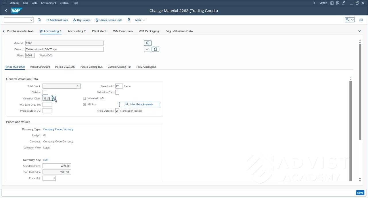 SAP Change Material initial screen displaying the confirmation message "Material 2263 changed" at the bottom left