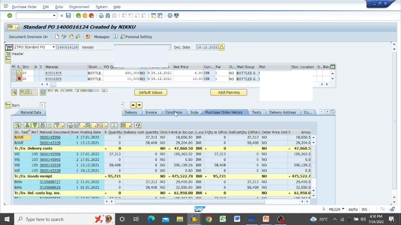 SAP ME22N screen with the "Short Text" field for item 10 highlighted and editable, showing the value "BOTTLE."