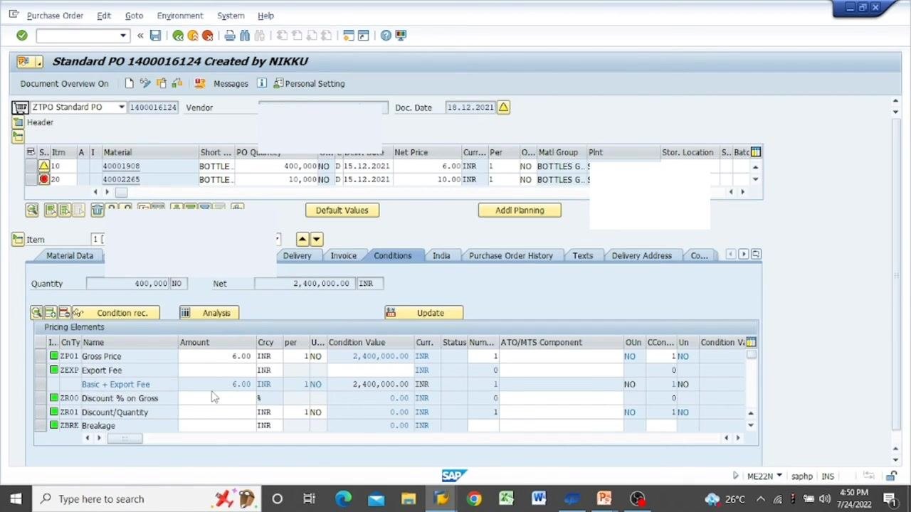 SAP ME22N screen with a new item row (item 30) being added, with fields ready for material code, quantity, and price.