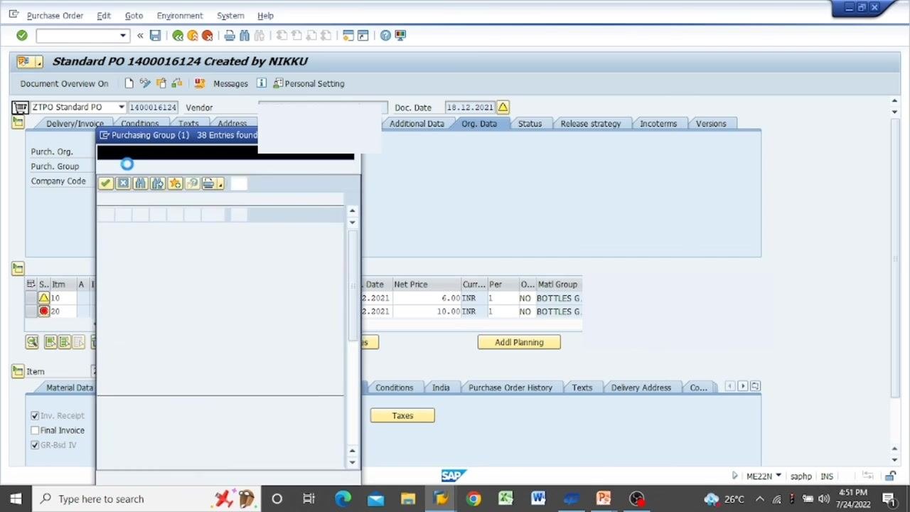 SAP ME22N header section with the "Org. Data" tab open and the Purchasing Group selection window displayed.