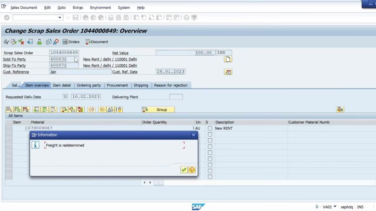 SAP information popup stating that freight has been redetermined.