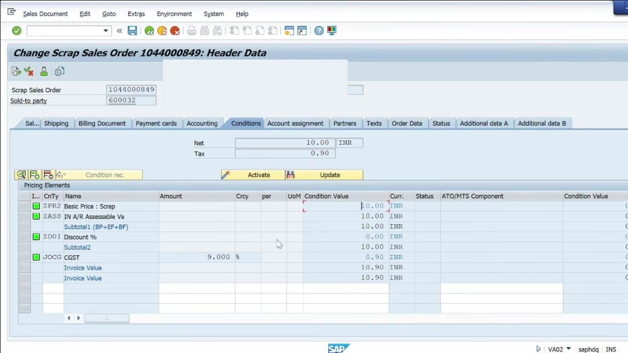 SAP Change Sales Order screen, Conditions tab, with the condition value field highlighted.