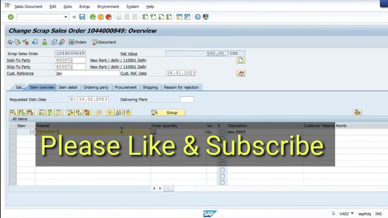 SAP Change Scrap Sales Order overview screen with "Please Like & Subscribe" overlay, showing final state of the order