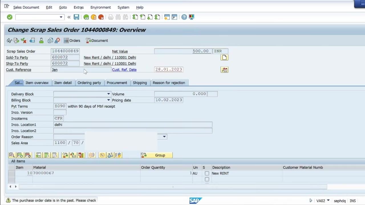 SAP screen showing the customer reference field and reference date field updated with new values.