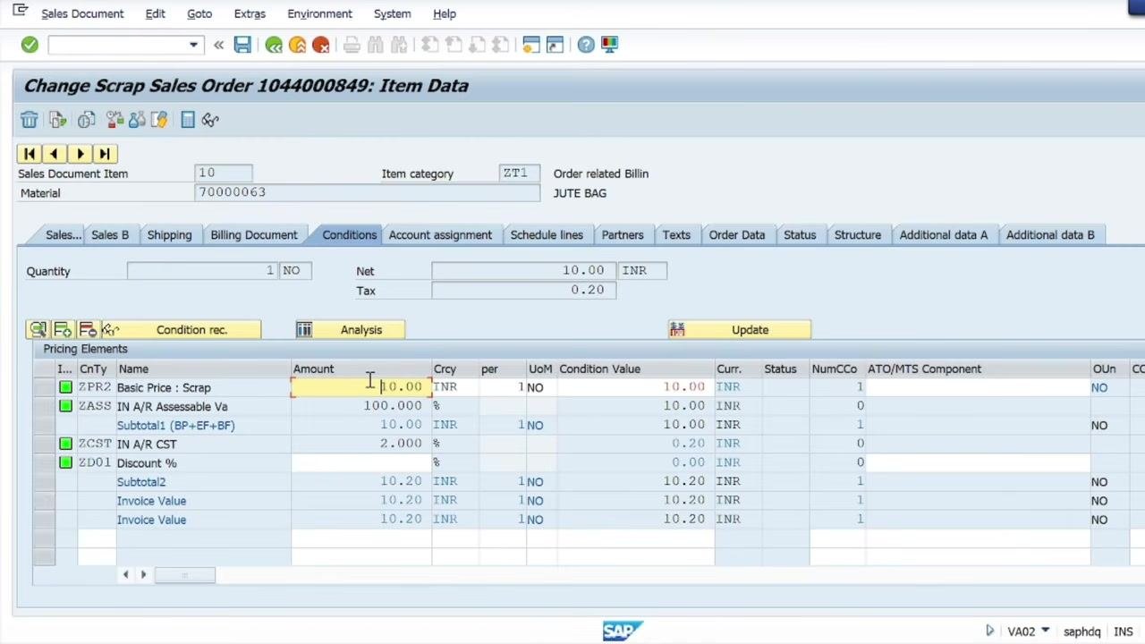 SAP Item Data screen, Conditions tab, showing the basic price condition set for the new material.