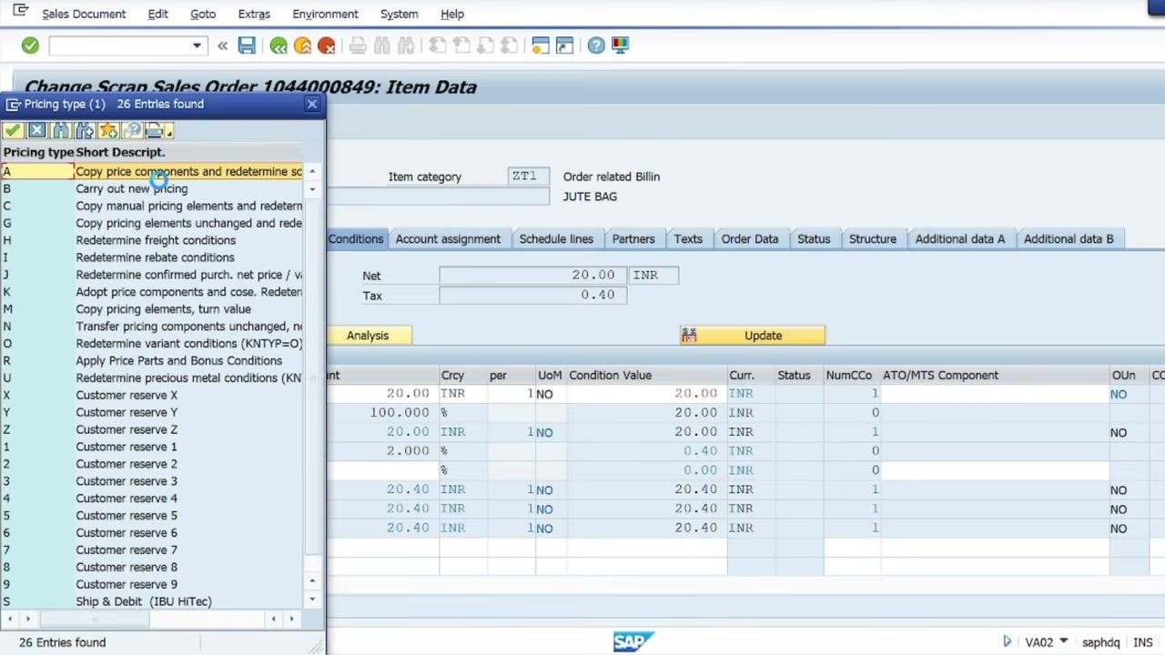 SAP Conditions tab showing a manual update of the basic price condition.