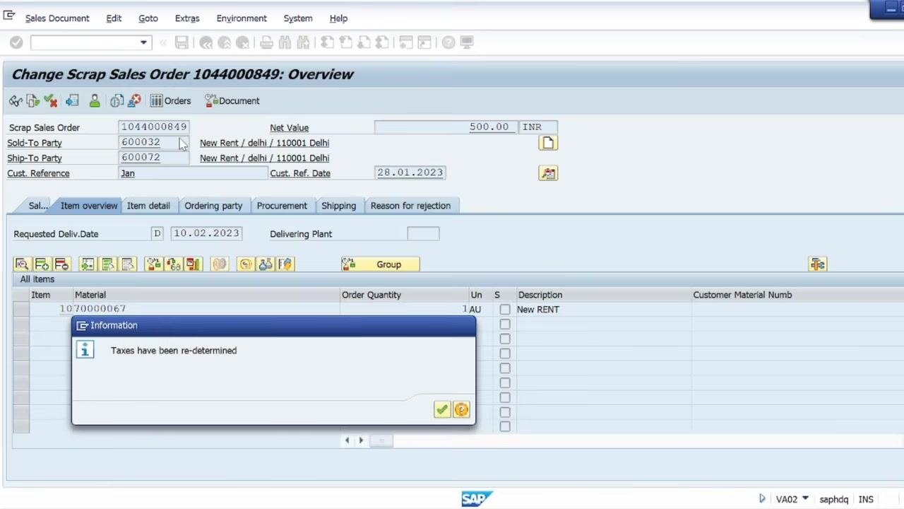 SAP information popup stating that taxes have been re-determined.