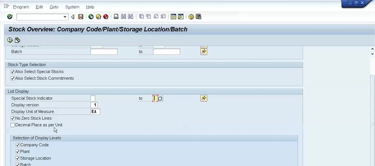 Stock Overview screen with both No Zero Stock Lines and Decimal Place as per Unit checked