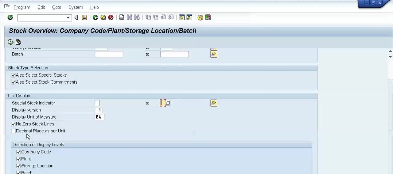 Stock Overview screen with focus on the Decimal Place as per Unit option, preparing for a new session