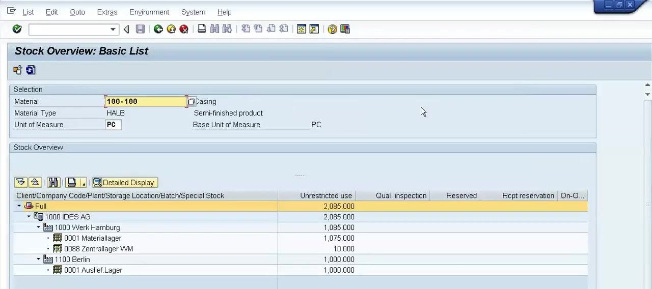 Stock Overview: Basic List screen showing the Selection and Stock Overview sections, material 100-100, and unrestricted use quantity 2,085.000