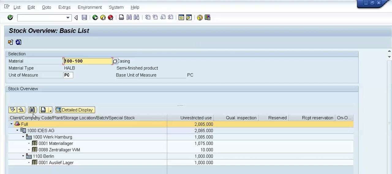 Stock Overview group with columns for Unrestricted use, Qual. inspection, Reserved, and Rcpt reservation