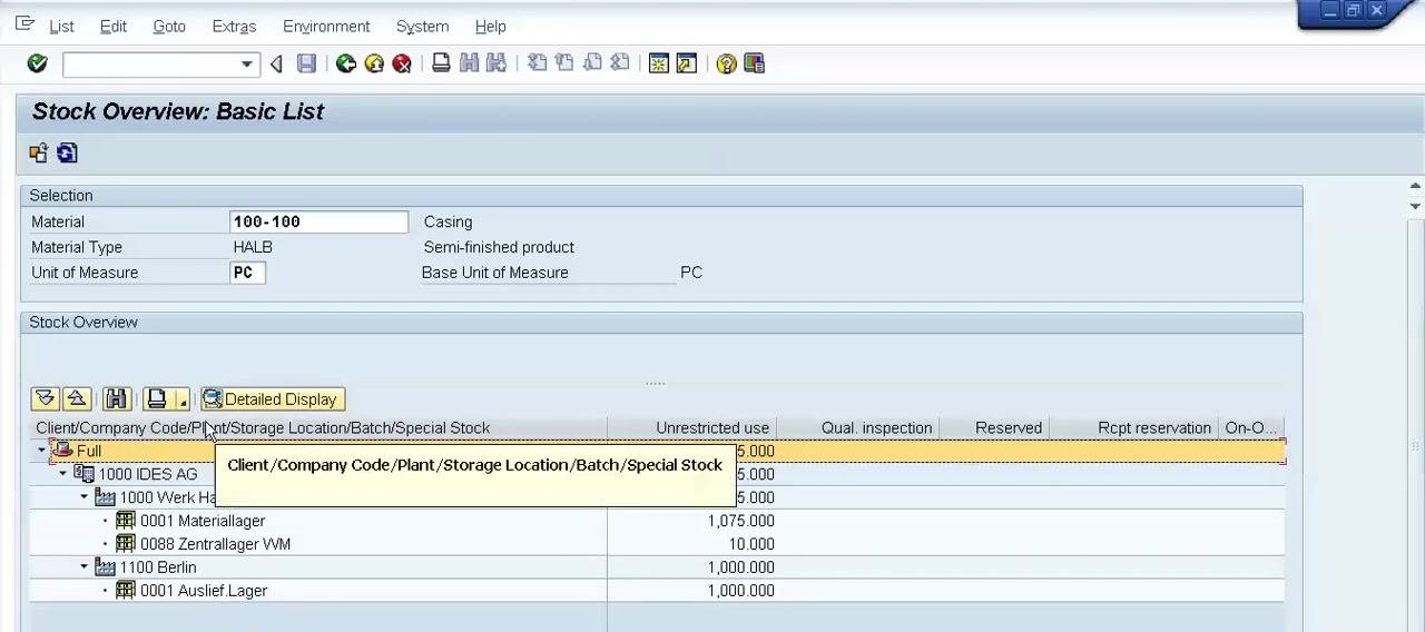 Tooltip over the Unrestricted use column showing the stock type explanation and quantities