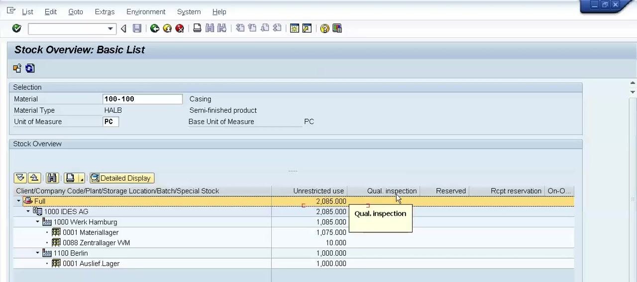 Stock Overview: Basic List screen with the cursor on the Qual. inspection column and a tooltip displayed