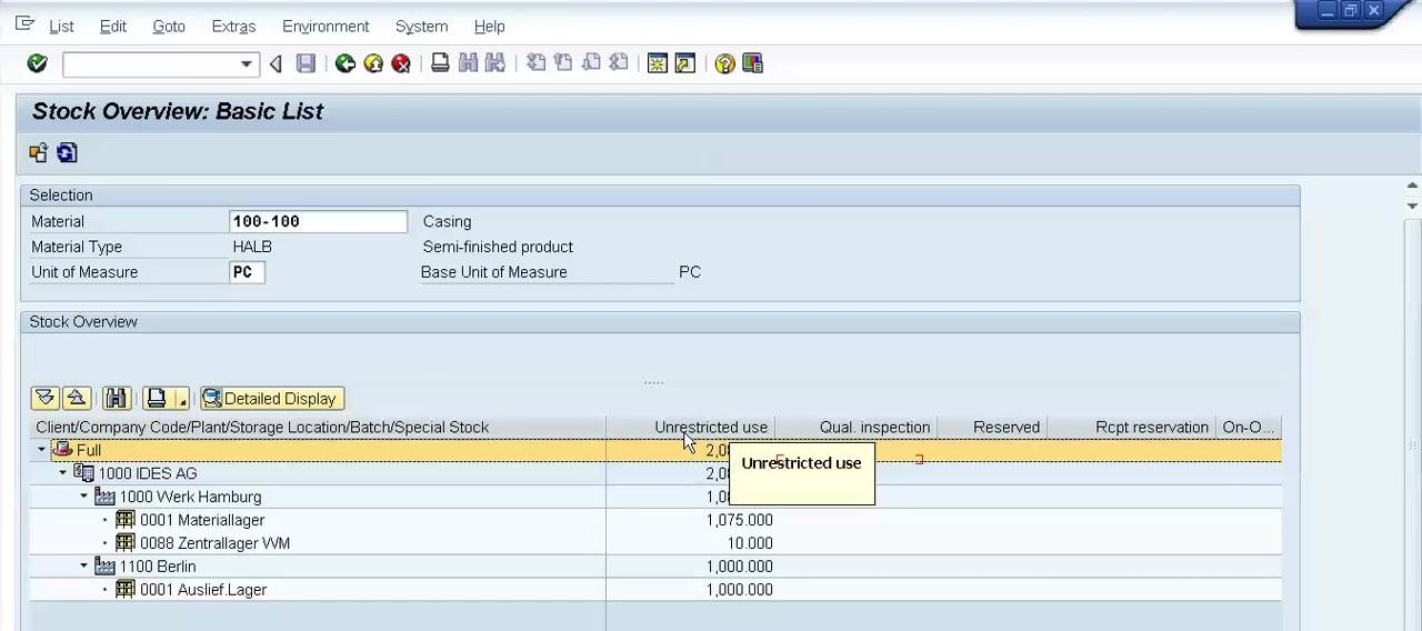 Stock Overview: Basic List screen showing material 100-100, type HALB, unit PC, and the stock breakdown by plant and storage location