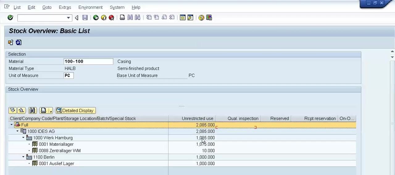 Stock Overview: Basic List with the Unrestricted use column highlighted, showing 2,085.000 units at 1000 Werk Hamburg and 1,000.000 units at 1100 Berlin