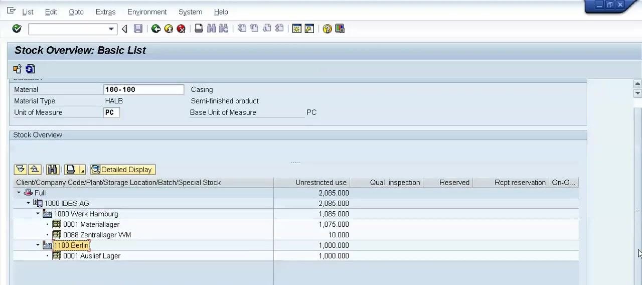 Stock Overview: Basic List showing multiple stock type columns, with focus on the plant and storage location breakdown