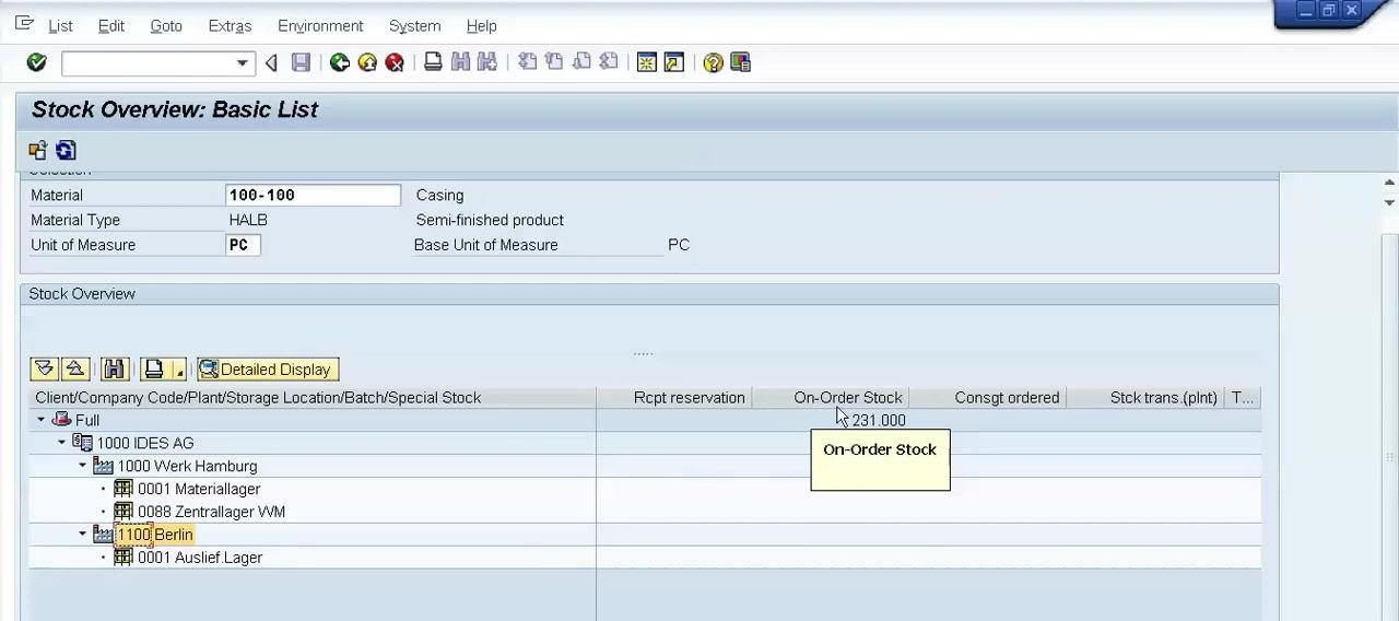 Stock Overview: Basic List with the On-Order Stock column highlighted, showing 231.000 units for both plants