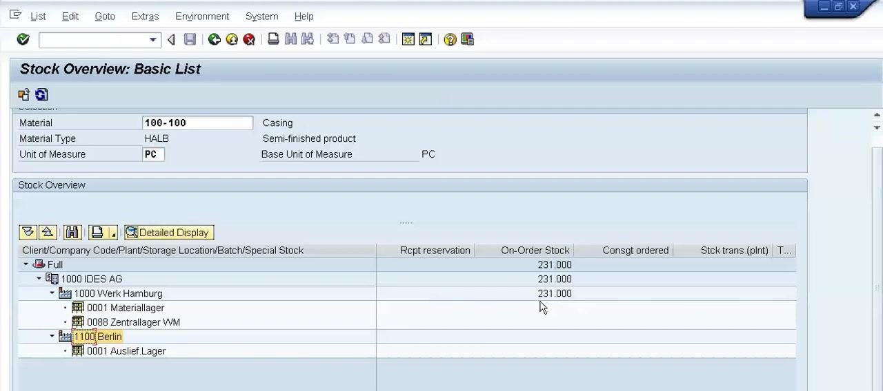 Stock Overview: Basic List with the On-Order Stock column showing 231.000 units and the explanation that the vendor has not dispatched the material