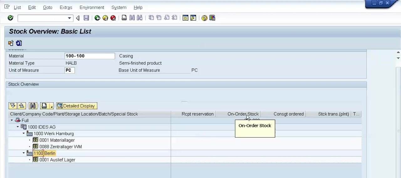 Stock Overview: Basic List with the On-Order Stock column tooltip and 231.000 units highlighted