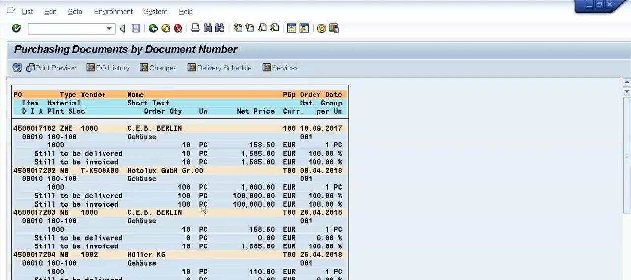 Purchasing Documents by Document Number screen showing multiple purchase orders, each with Still to be delivered quantities for material 100-100