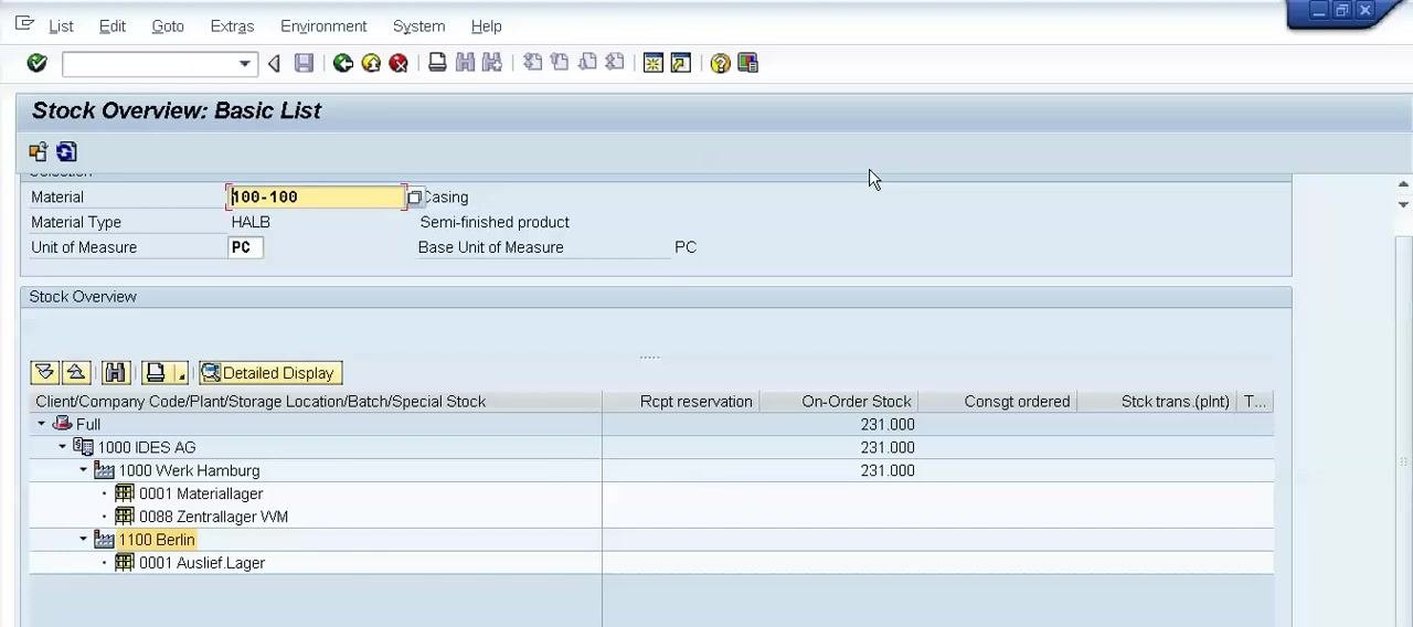 Stock Overview: Basic List screen, end of session, with material 100-100 and all stock columns visible.