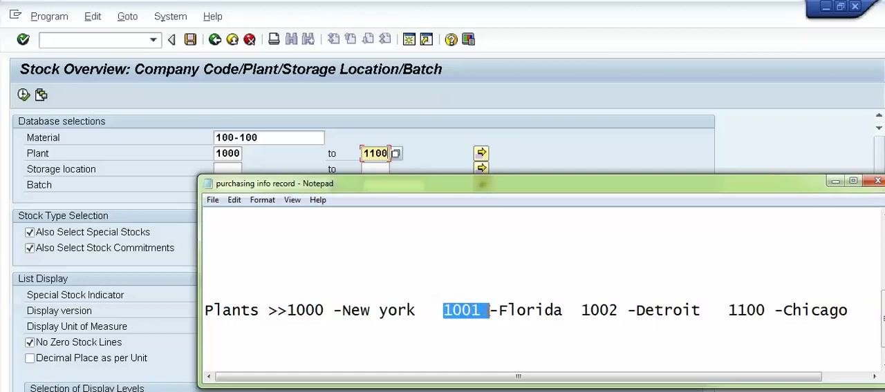 Multiple Selection for Plant dialog with plant codes 1000 and 1100 entered