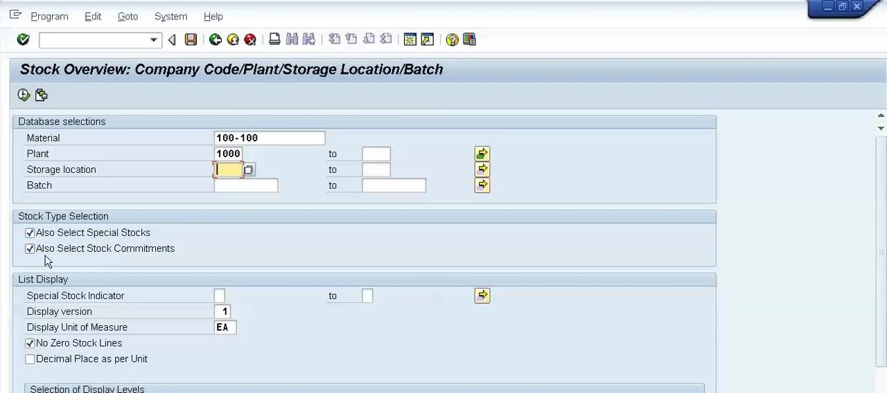 Stock Overview screen with both checkboxes checked, cursor on Also Select Stock Commitments