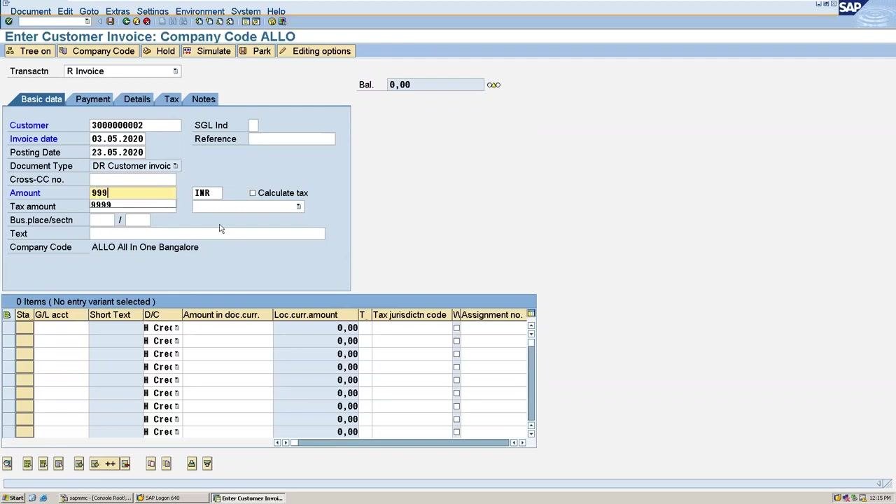 SAP screen for entering customer invoice details, with fields for Customer, Invoice Date, Posting Date, Document Type, Amount, Currency, Reference, G/L Account, and Company Code. The amount 999 and customer number 3000000002 are already filled in.